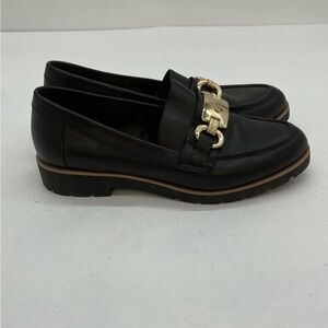Kate Spade Kolby Black Loafers with Gold Chain Detail